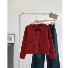 2025小香风多巴胺色系蝴蝶结系带设计感口袋外套针织开衫百搭外套