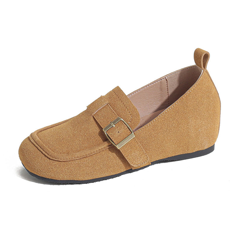 Giày lười nữ da lộn mũi tròn tăng chiều cao 5 cm phong cách Hàn Quốc — Khaki (toàn dải), Màu mơ (toàn dải), nâu sẫm