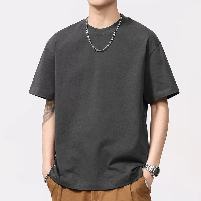 Black cotton summer solid short sleeve T-shirt with a round collar, oversize
