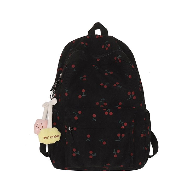 1197g Weight Polyester Lining Material Zipper Closure Type Double Shoulder Straps Strap Type Casual, School, Daily Occasion Corduroy Material Back To School Festival School Backpack Backpack Cherry Pattern All Seasons Season Women's Gender Cute Style Shell Shape Cherry Casual School Daily School Backpack 53