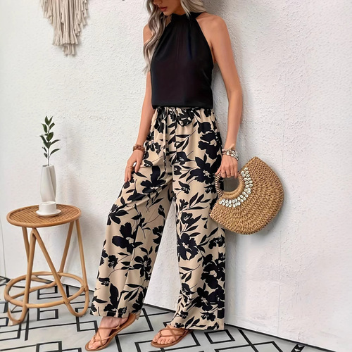 2025 Summer European and American Style Popular Printed Wide-Leg Pants Women's Thin Loose-Fitting Elastic Waist Casual Long Pants Slimming