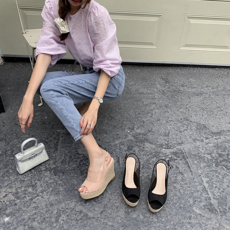 Women's Summer Wedge Sandals Straw Woven Platform Peep Toe_voghion.com