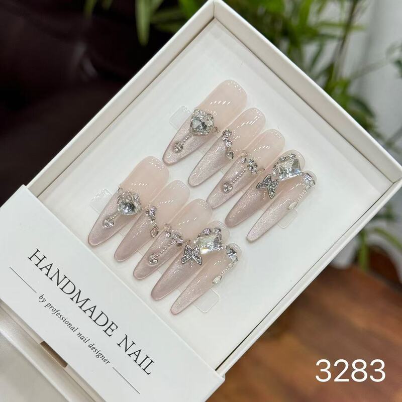 【純手作りのつけ爪29-32】ロングフレンチキャットアイパッチ付け爪、取り外し可能なネイルアートコレクション|undefined