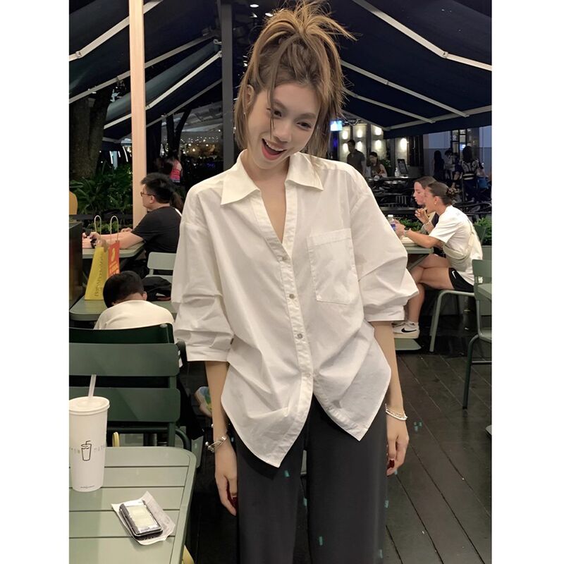 中袖造型的白衬衫秋季新款休闲百搭白色休闲翻领泡泡袖收腰衬衣女|undefined