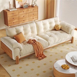 Japanese Style Cream Fengyunduo Solid Wood Sofa Straight Row Fabric Cat Scratch Cloth Log Style Living Room Nordic Style Medium and Small Apartment