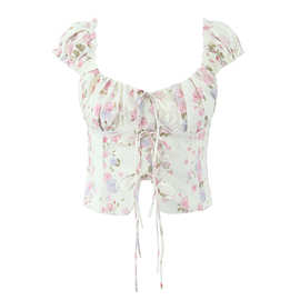 欧美外贸女装新款系带印花后背松紧打揽上衣 8050