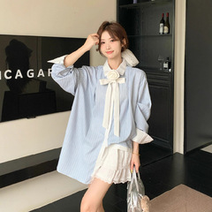 浪漫法式立体花朵飘带衬衫女长袖2025春季新款休闲慵懒风条纹衬衣