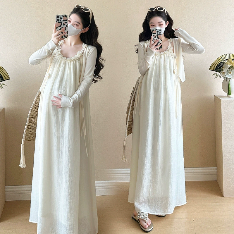 Реальный выстрел для беременных набор из двух частей 2025 Летний солнцезащитный крем кардиган Сладкие длинные платья материнства