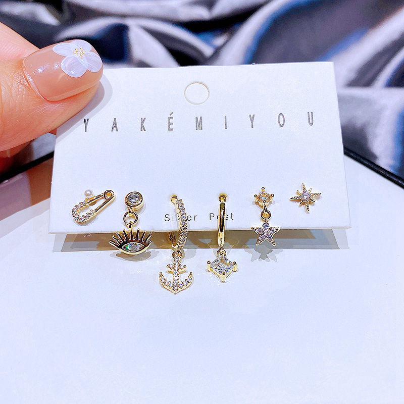 Fashion 6-piece Anchor Star Zircon Copper Earring Set Jewelry display picture 2