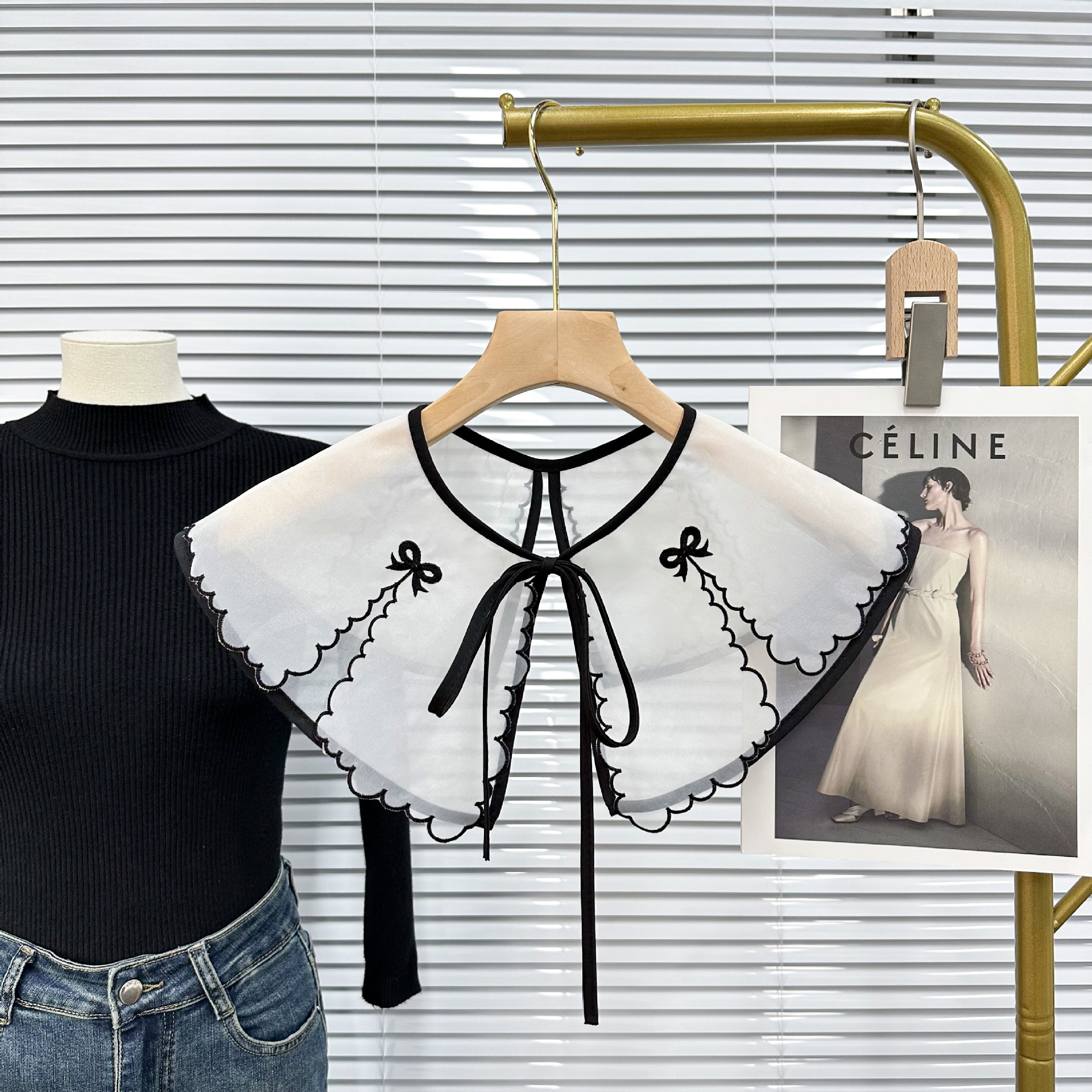 bordado de computadora doble borde negro falso cuello primavera y verano ropa infantil falda cuello camiseta suéter accesorios de decoración