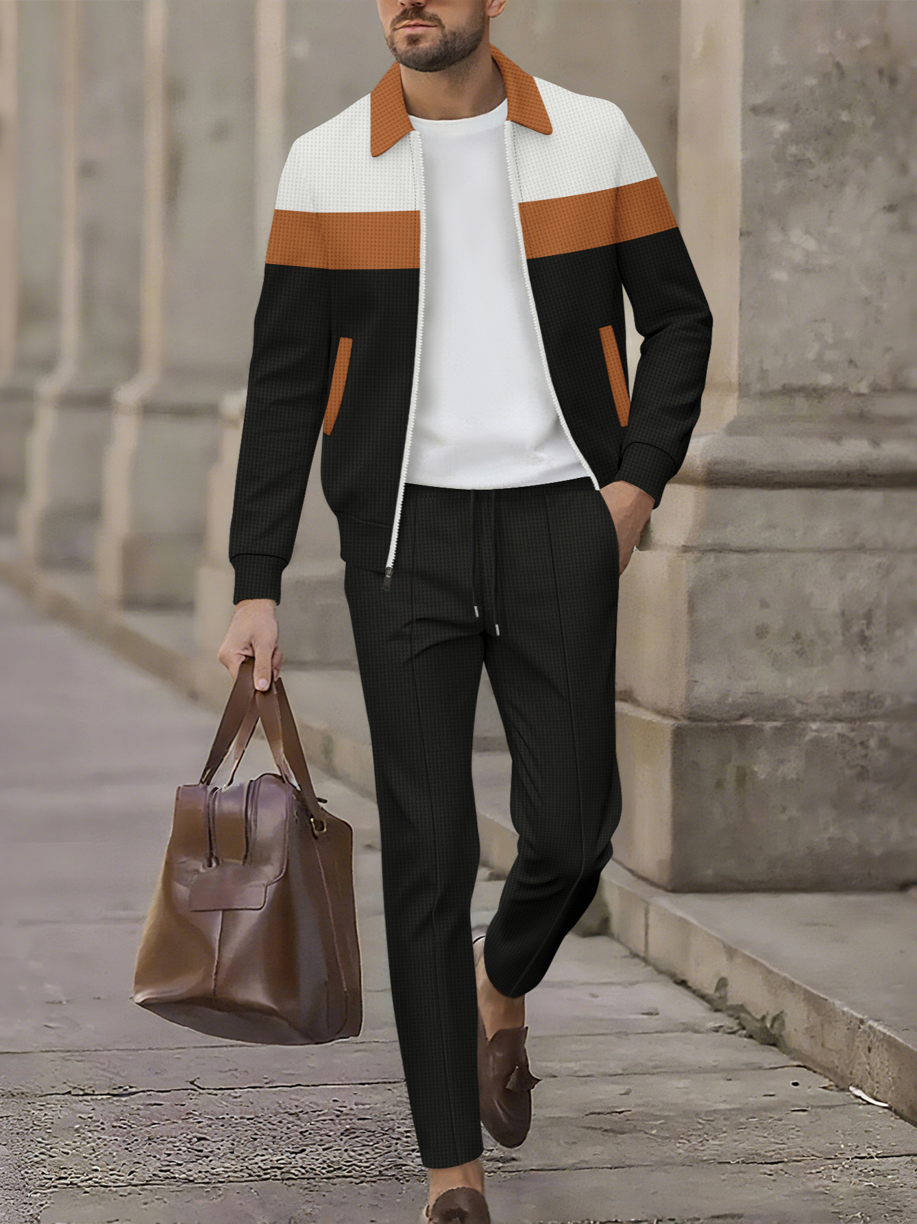 Casual herrset med waffle knit jacka och byxor_voghion.com