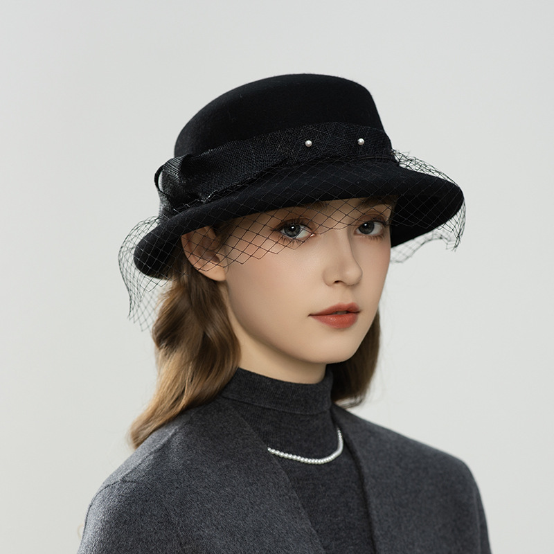 秋冬季新款澳洲羊毛网纱珍珠蝴蝶结装饰盆帽优雅气质女士帽子批发|undefined