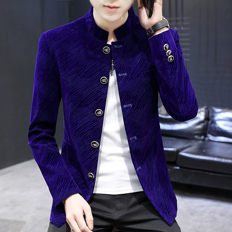 Трансграничный экспортный весенне-осенний Золотой бархатный костюм с воротником-стойкой, Мужской приталенный Молодежный Повседневный маленький пиджак в Корейском стиле