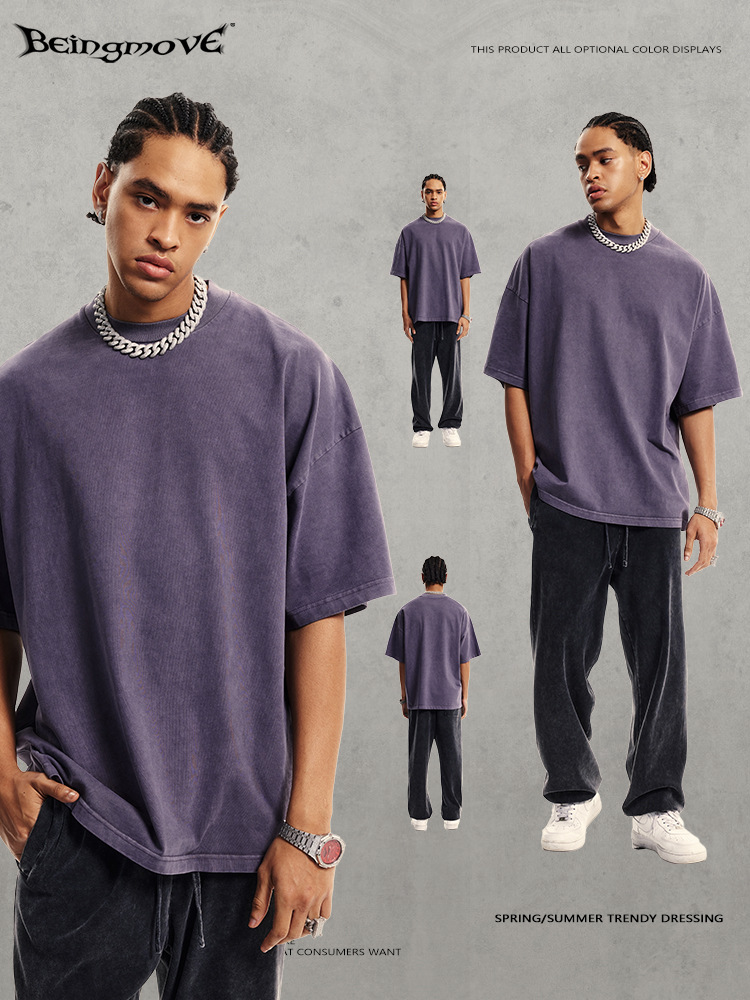 Calle secada| 2025 verano americano lavado suelto camiseta de algodón marca de moda hombre pesado hacer vieja camiseta de lana molida