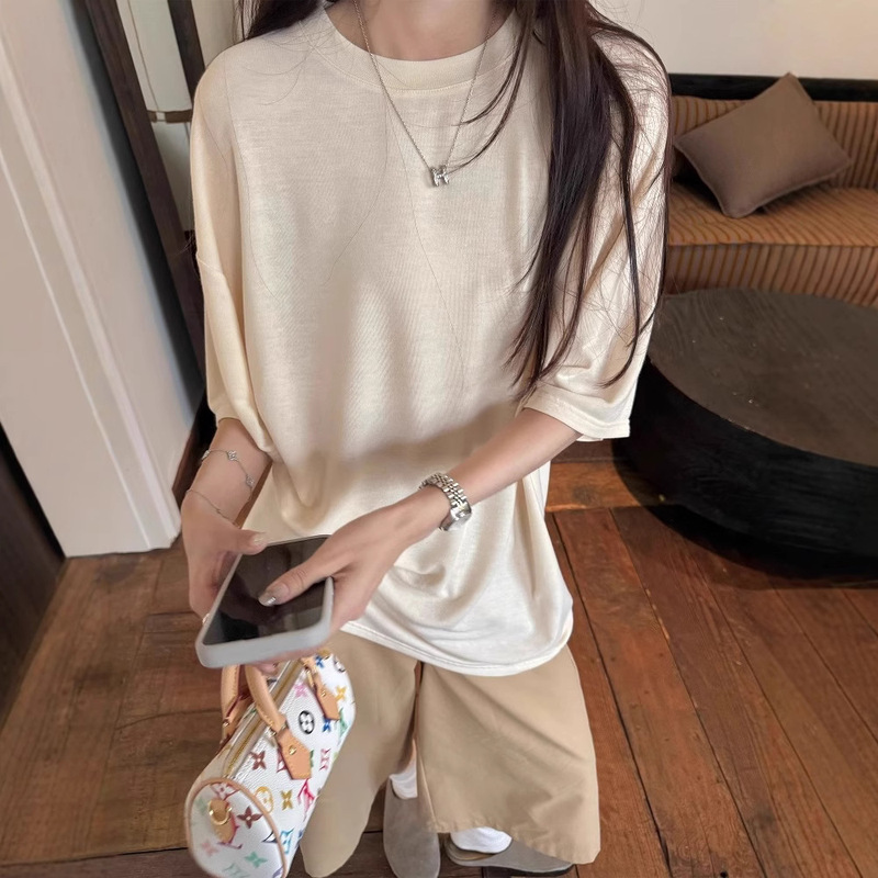 Wawa ミルクシェイク風ソリッドカラーレイジールーズラウンドネックミッドスリーブ半袖ラージ Tシャツトップ女性のための 2025 夏の新スタイル|undefined