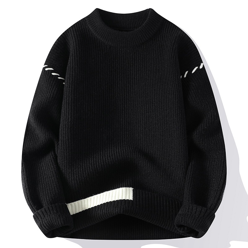 丸襟のセーターの男性の秋冬の新型の厚い保温の頭のゆったりしている青少年の韓国版は色を合わせてニットを打ちます。