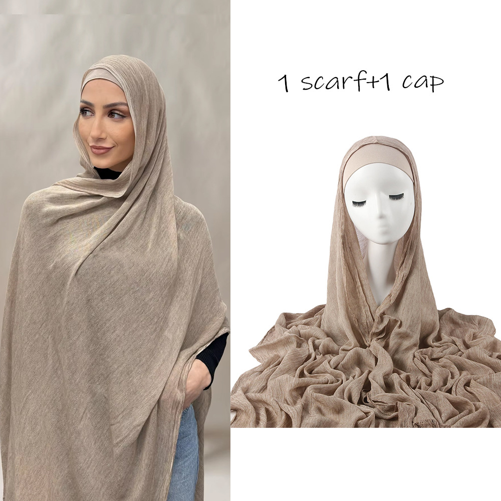 New Solid Color Pleated Rayon Long Scarf with Matching Elastic Bucket Hat Set for Convenient Headscarf