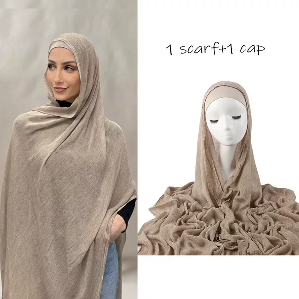New Solid Color Pleated Rayon Long Scarf with Matching Elastic Bucket Hat Set for Convenient Headscarf