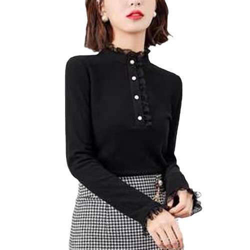 Threaded German velvet autumn and winter base shirt for women with stand-up collar, lace, velvety, thick long-sleeved inner top, fashionable and mature
