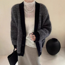 外贸女装老钱风深灰色混织领秋冬毛衣高级感宽松针织衫韩系外套