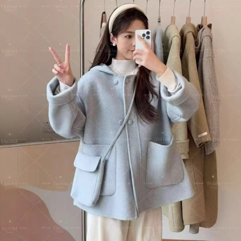 2025 New Autumn and Winter Double-Sided Wool Outwear Women's Hooded + Bag Alpaca Loose Mid-Length Woolen Outwear