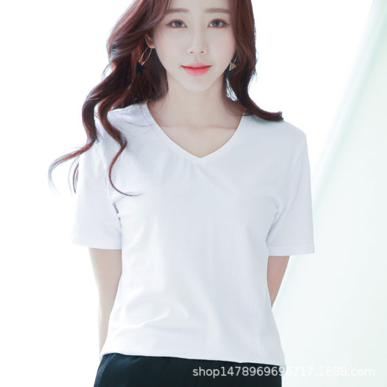 2021 wholesale Women's supply summer pure white V-neck short sleeve t-shirt women's loose all-match student Cotton solid color