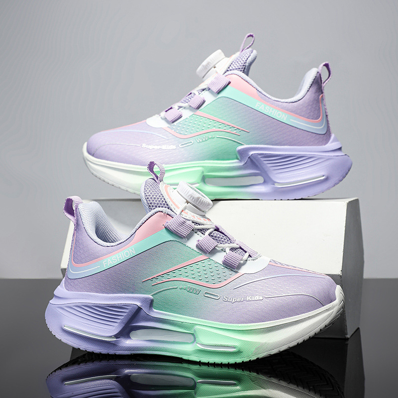 Fábrica directa de botón giratorio para niños zapatos de carrera primavera y otoño antideslizante para niños y niñas zapatos deportivos transpirables ligeros al aire libre cómodos