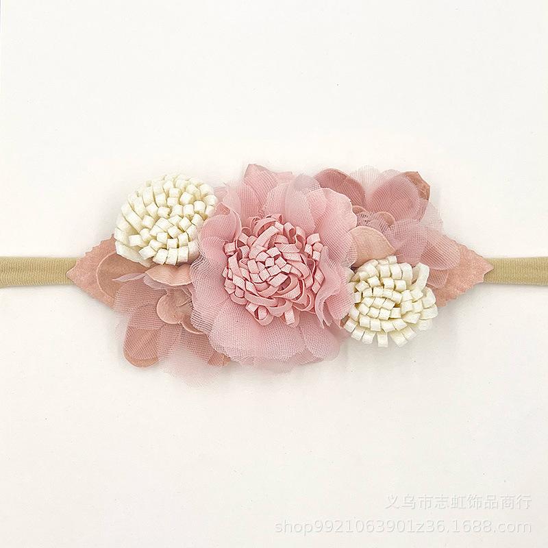 Tocado de flores de banda de pelo de tela europea y americana accesorios para el cabello de costura para niños combinación de traje de seda de rábano Rosa Flor de tocado dulce