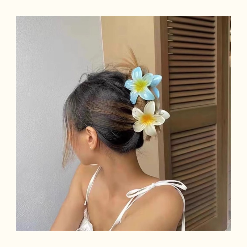 8cm欧美鸡蛋花抓夹甜美鲨鱼夹度假风丸子头盘发夹发抓发饰批发女|undefined
