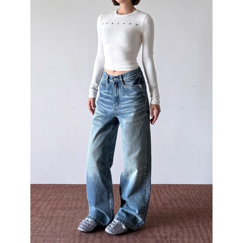 American Retro Whiskered Washed Jeans for Men and Women Cleanfit Loose Straight Design Wide-Leg Casual Pants
