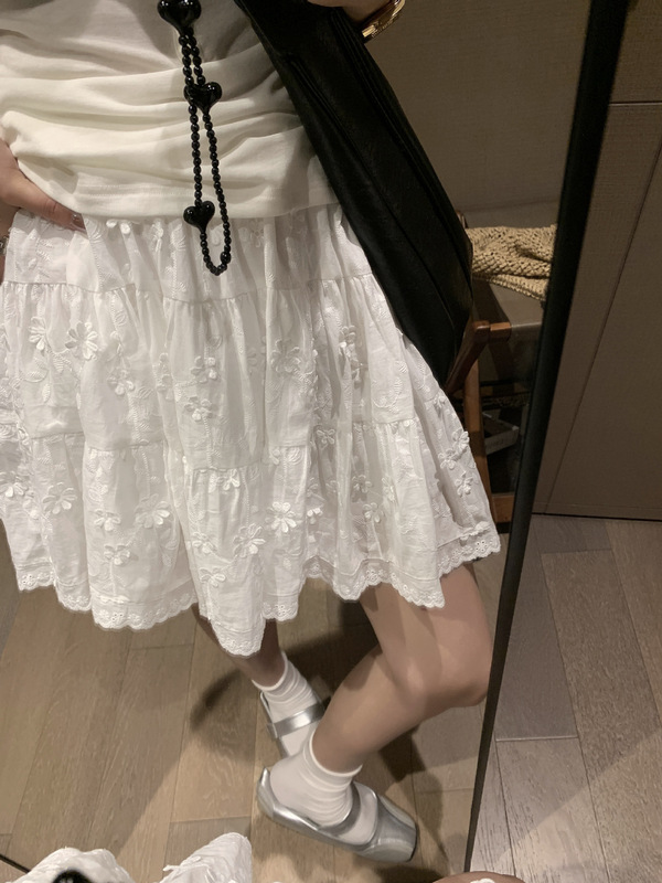 白い純粋なガーリーな立体花刺繍スカート多用途夏チュチュスカートプリーツスカート|undefined