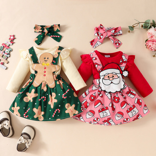 Baby Christmas long-sleeved top strap dress set Santa Grandpa jumpsuit solid color hat dress