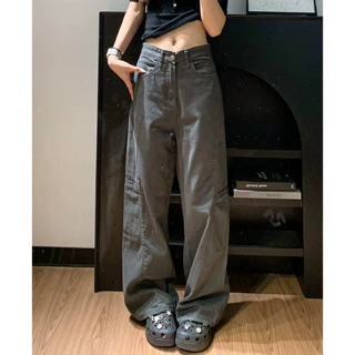 灰色美式复古工装裤女春季2026新款小个子高腰宽松显瘦松弛阔腿裤