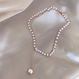 欧美新品 时尚简约链条串珠多层项链珍珠吊坠项链