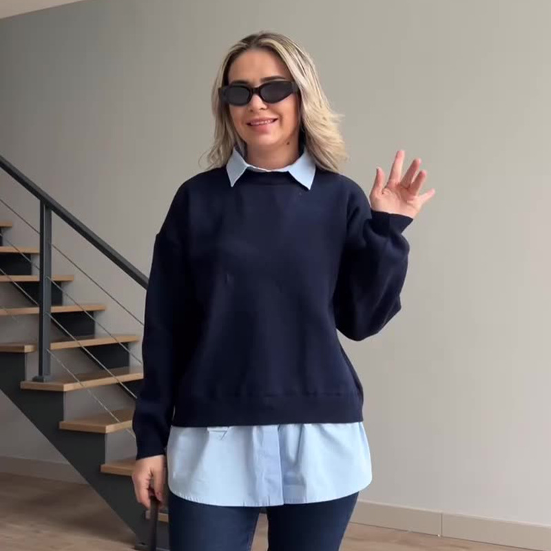 2024 otoño nuevo estilo europeo y americano Amazon ropa de mujer transfronteriza moda falsa dos piezas diseño simple camisa de punto universal