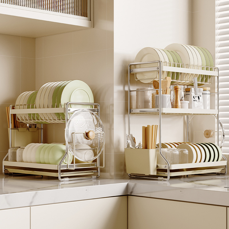 Blanco crema plato de cocina de acero inoxidable estante de almacenamiento estante de la Mesa del hogar plato escurridor estante de almacenamiento