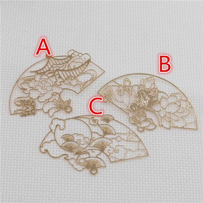 Copper Color-Preserving Computer Etching Fan-Shaped Pendant DIY Ancient Style Hanfu Headdress Material Accessories