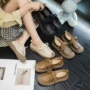 平跟头层圆头手工女鞋