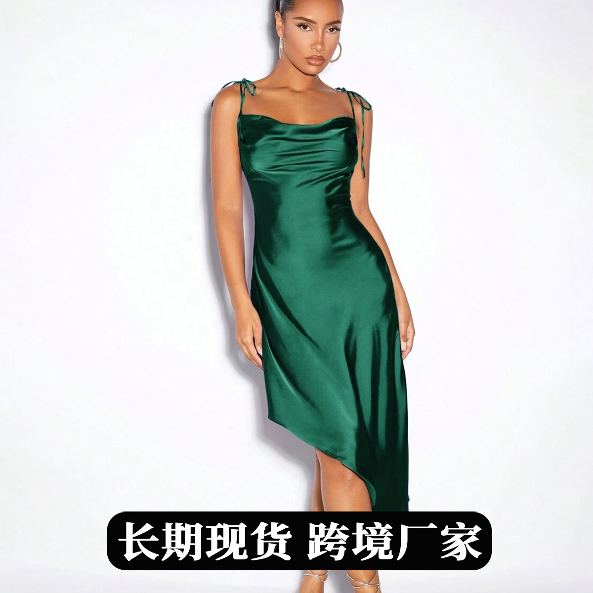外贸亚马逊跨境缎面吊带连衣裙 春夏新款晚礼服色丁裙子性感女装