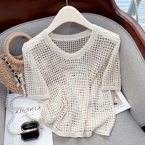 Summer hollow out thin short-sleeved women's Korean style design pure desire loose blouse all-match round neck knitted top shirt
