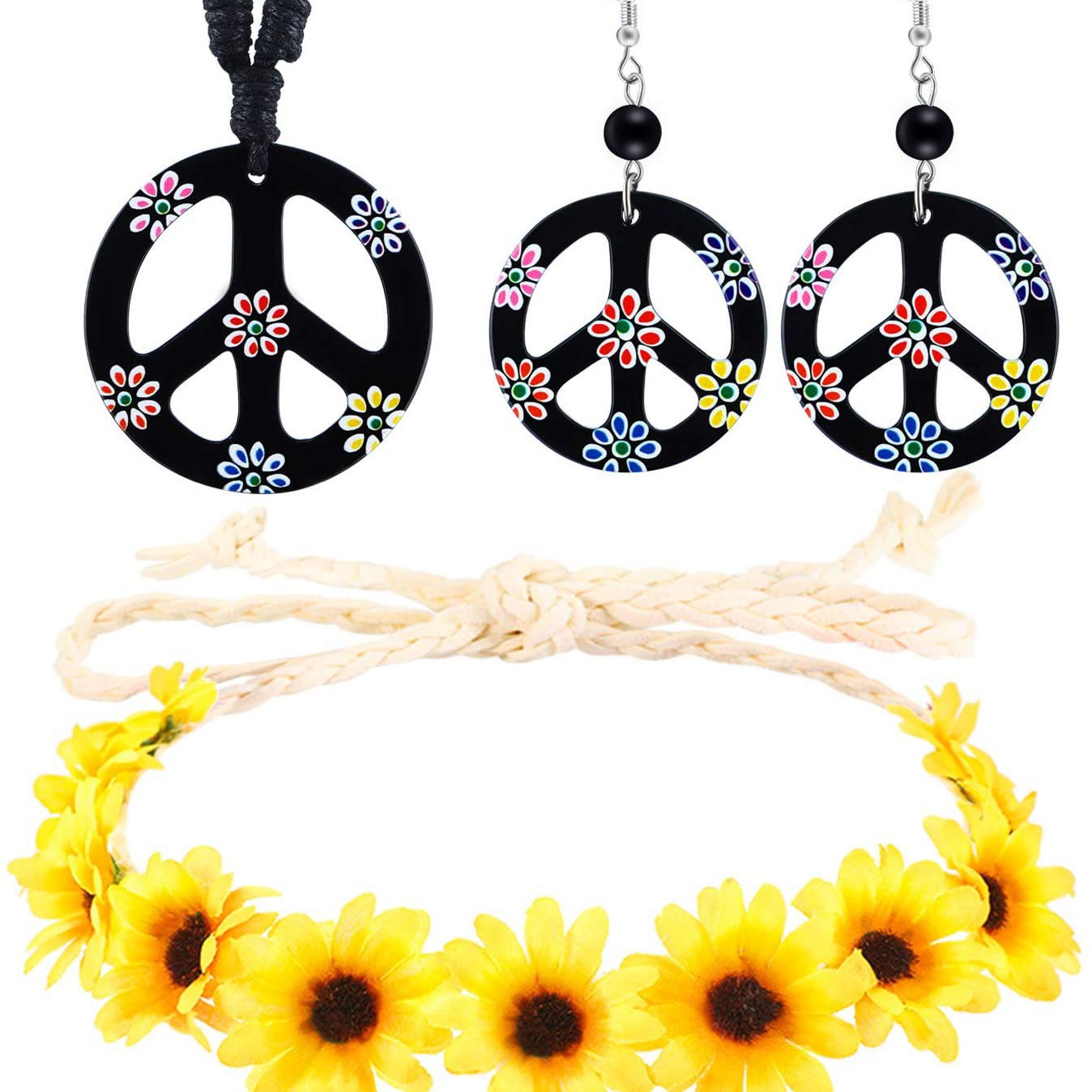 Accesorios de vestir hippies de la década de 1960, diadema de girasol, gafas redondas, conjunto de aretes de collar de talismán de paz