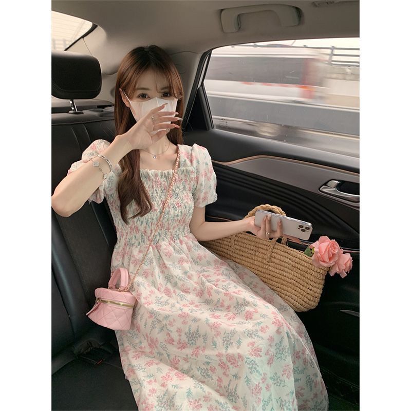 Floral square collar dress women's summer 2023 new sweet waist slimming mid-length Super fairy French style skirt Floral square collar dress women's summer 2023 new sweet waist slimming mid-length Super fairy French style skirt