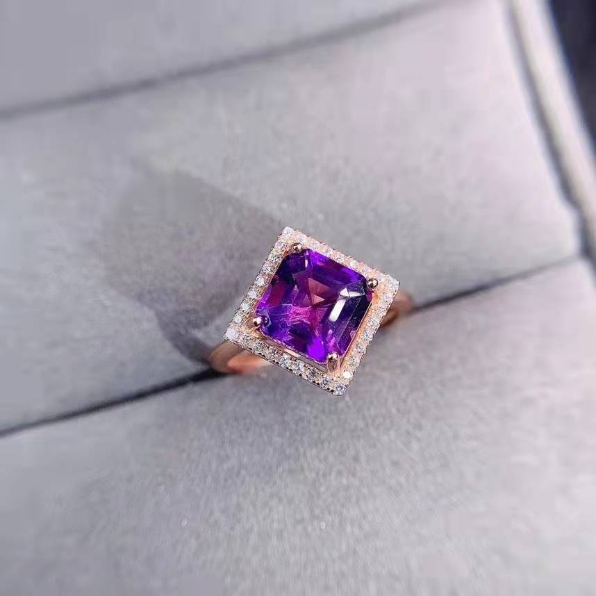 New Mysterious Amethyst Ring Female Square Diamond Open Copper Ring