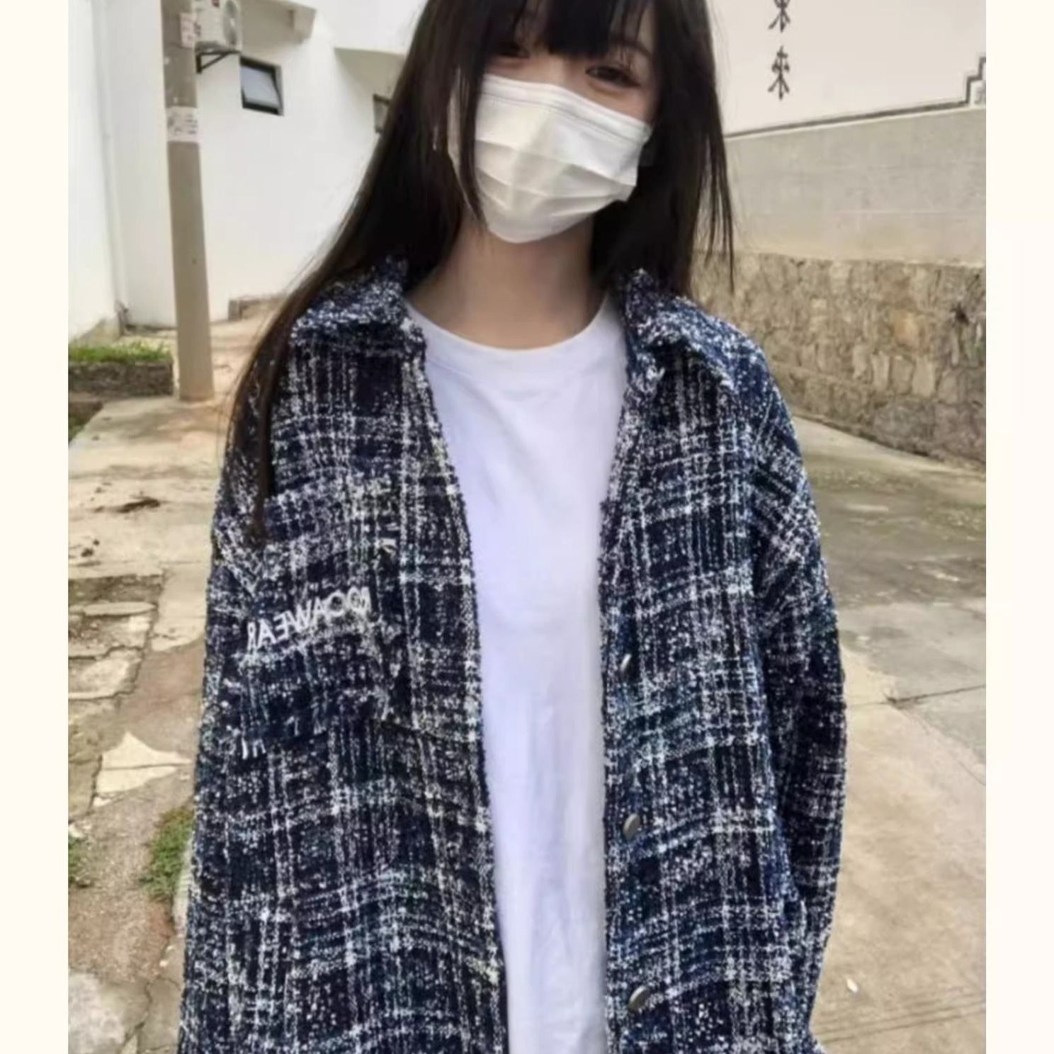 Mz National Tide High Street Bordado pequeño estilo fragante a cuadros diseño de ins Camisa de manga larga para hombres y mujeres