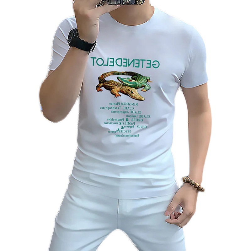 Chemise à manches courtes et col rond pour hommes, imprimé, belle édition coréenne, filet Crocodile, rouge, Slim Fit, Top Trdy, été 2023_voghion.com