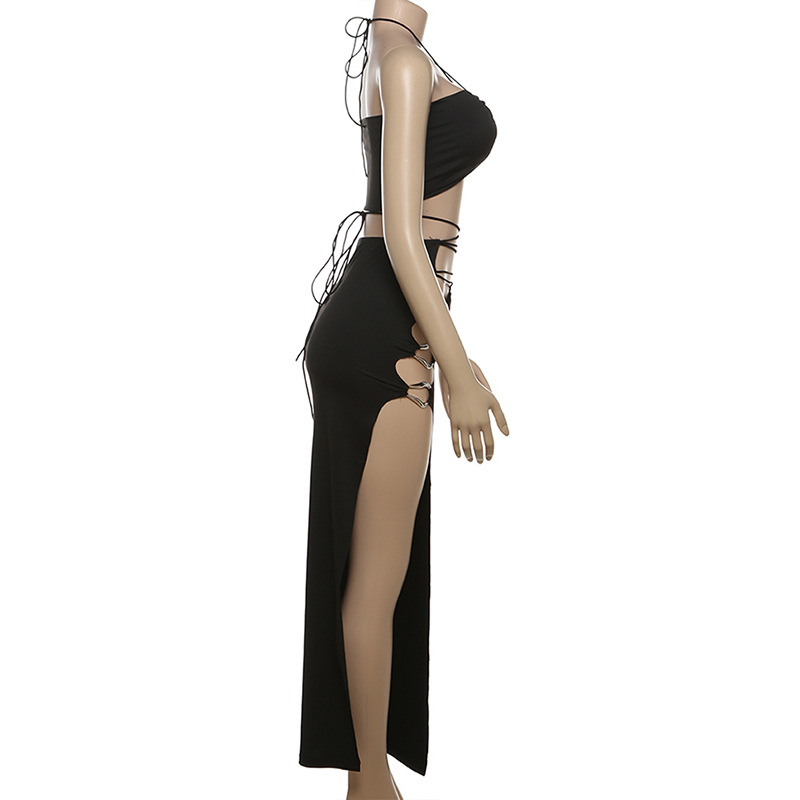 Autumn Winter Women Clothing Sexy Halter Backless Camisole Hollow Out Cutout Split Skirt Set Women