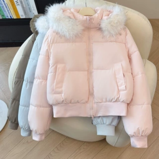 2026韩版短款毛领连帽棉衣女冬季加厚宽松小个子面包服棉服外套