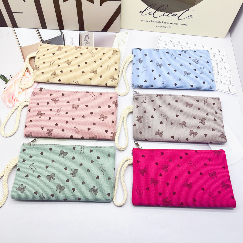 New Cross-Border Lightweight Corduroy Mobile Phone Bag, Fashionable Printed Bow-Knot Love Heart Small Wallet, Coin Purse, Wrist Bag