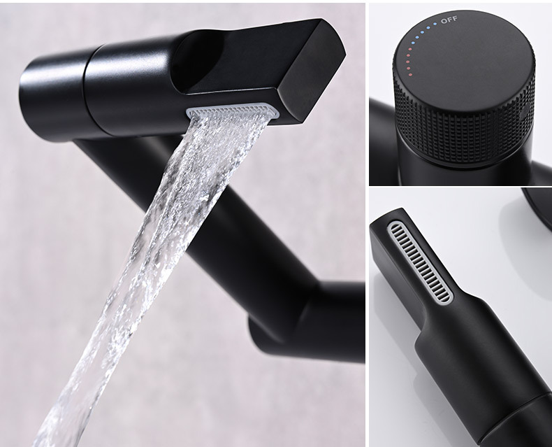 The Maneki Neko faucet shows temperature. It features a full copper swing arm washbasin gun and a gray LED digital display undefined