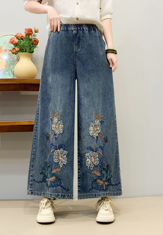 2026 Spring New Embroidered Floral Washed Jeans Elastic Waist Long Pants Wide Leg Pants Wholesale